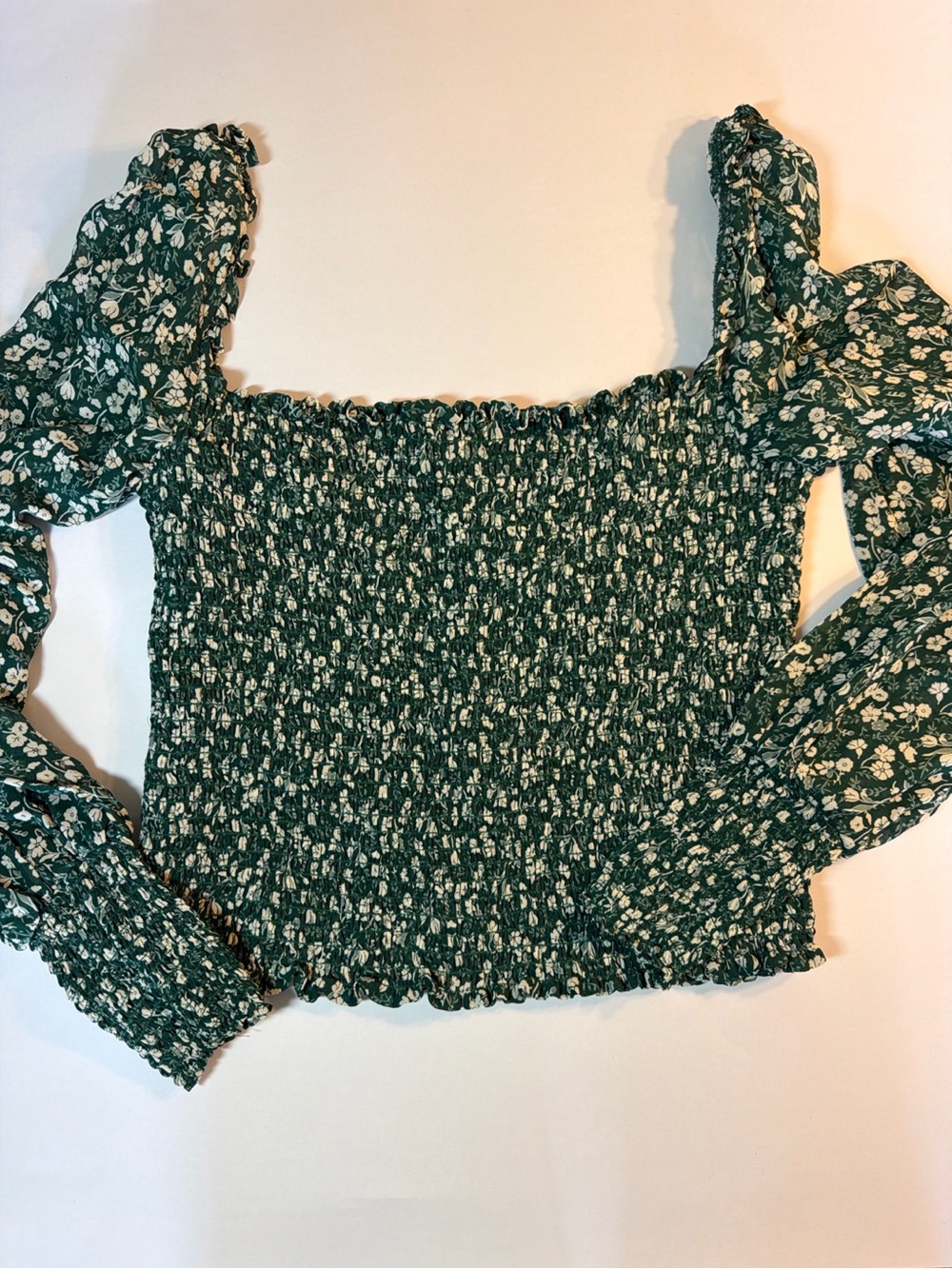Reformation Green Floral Smocked Puff Sleeve Crop Top Size Small